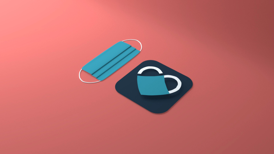 A navy blue app logo beside a teal face mask